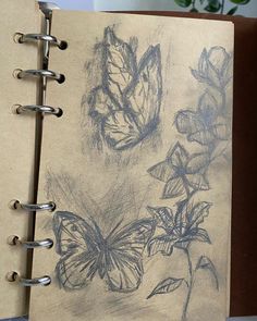 an open notebook with drawings of butterflies on it