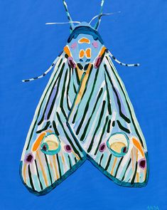 a painting of a moth on a blue background