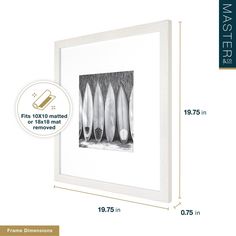 a white frame with an image of surfboards on it and the measurements for each piece