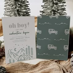 two christmas cards with the words oh boy and an image of a truck on them