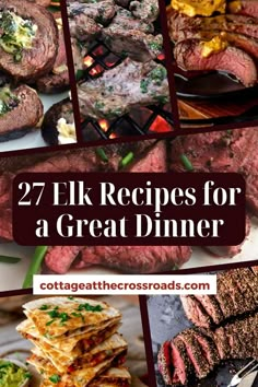 steaks and other foods are shown with the words, 27 tk recipes for a great dinner