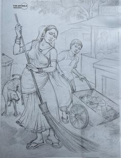 a pencil drawing of a woman sweeping the floor with a broom and two children in the background