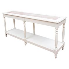 a white table with two shelves on each side