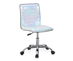 a white office chair with chrome wheels and an iridescent seat cover on the back