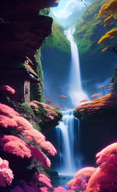 a waterfall in the middle of a lush green forest with pink flowers on either side