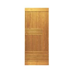 a wooden door with vertical slats on the bottom and sides, in an angled pattern