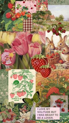 the collage has many different pictures and words on it, including flowers, strawberries,