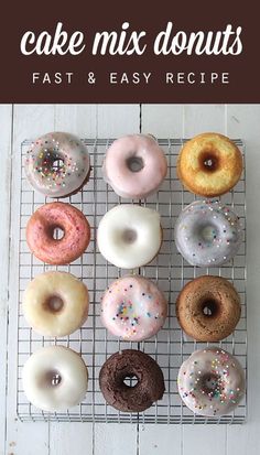 donuts on a cooling rack with the words cake mix donuts fast and easy recipe