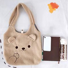 Eating Cookies Bear Embroidery Plush Tote Bag Brown Bear Design Bags For Everyday Use, Cute Animal Design Tote Shoulder Bag, Brown Bags With Bear Design For Everyday Use, Daily Use Animal Design Pouch Shoulder Bag, Cute Embroidered Rectangular Shoulder Bag, Cute Brown Tote Bag, Cute Bear Design Bags For Gifts, Cute Bear Design Bags As Gifts, Cute Embroidered Rectangular Bags