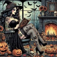 a woman sitting on a chair in front of a fireplace with pumpkins and skulls