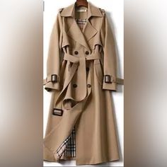 Double Breasted Khaki Trench Coat With Two Front Pockets Patchwork Coat, Casual Belt, Trench Coats Women