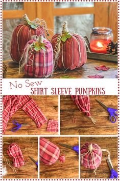 the instructions for how to make no sew shirt sleeve pumpkins with plaid fabric