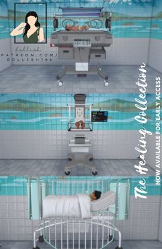 a hospital room with two beds and an iv machine on the wall next to it