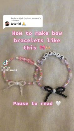 two bracelets with bows and beads are on the table next to an email message