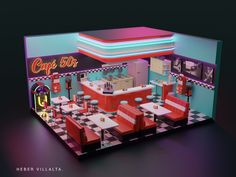 the interior of a diner with neon lights and checkered flooring on the walls