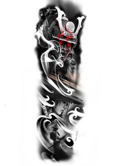 an artistic tattoo design on the side of a man's leg with red and white ink