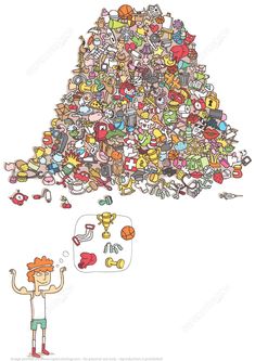 a man standing in front of a large pile of cartoon character heads and hands on his head