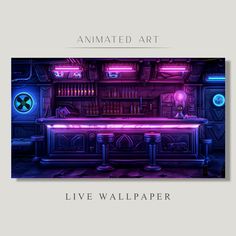 an animated art live wallpaper with neon lights in the background and a purple bar