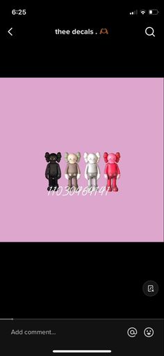 three teddy bears on a pink and black background