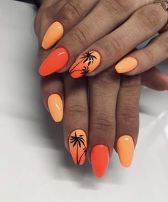 Orange Palm Tree Nails, Orange Acrylic Nails, Unghie Nail Art, Art Deco Nails, Vibrant Nails