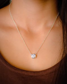 Want want want! Large Solitaire CZ Necklace - Bezel set in Sterling Silver Large Diamond Substitute Simple Necklace on Etsy, $29.00 Diamond Necklace Simple, Diamond Accessories, Simple Diamonds, Cz Necklace, Diamond Pendant Necklace, Simple Necklace, A Necklace