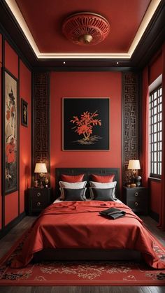 #interior Asian Bedroom, Red Art Deco, Chinese Room, Fantasy Castle, Red Art, Restaurant Decor, Bedroom Inspo