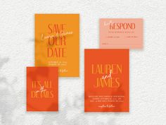 three different wedding cards with orange and pink text on them, one is for the couple