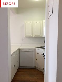 an empty kitchen with white cabinets and wood floors