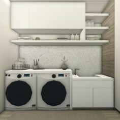 an image of a kitchen setting with washers and dryer in the corner on the floor