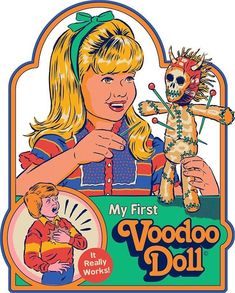 a woman holding a stuffed animal next to a sign that says, my first voodoo doll