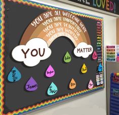 a bulletin board that says you are loved and rainbows with raindrops on it