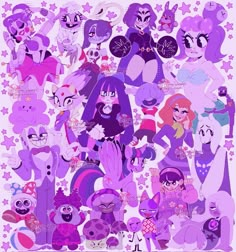 an image of many different cartoon characters in purple and pink colors with stars on the background