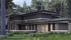 this is an artist's rendering of a modern house in the woods with lots of trees