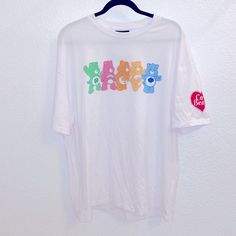 Care Bears X Romwe Collaboration White Short Sleeve Tee Shirt Colorful Care Bear Image On The Front Red Heart Care Bears Logo On Left Sleeve Never Worn, Nwt Size L P Cute White Tops For Streetwear, Cute White T-shirt For Streetwear, Casual White Print Short Sleeve Shirt, Fun White Top For Streetwear, Fun White Tops For Streetwear, White Casual Tops With Funny Print, Casual White Tops With Funny Print, Casual White Shirt With Funny Print, White Short Sleeve Tops With Funny Print