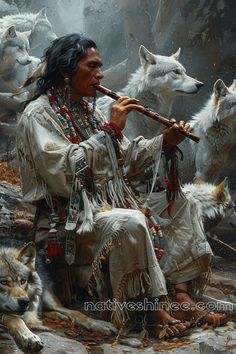 a native american man playing flute with wolfs in the background