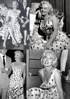 black and white photos of marilyn monroe in polka dot dresses, 1950s - 1960s fashion