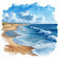 a painting of the beach with waves coming in from the sand and blue sky above