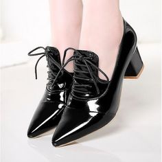 Women's Pumps Oxfords Lace Up Sandals Strappy Sandals Plus Size Daily Solid Colored Summer Block Heel Pointed Toe Comfort Walking Patent Leather PU Lace-up Black White Pink 2024 - $42.99 Heels Thick Heel, Vintage Pumps, Lace Up Block Heel, Rough Heels, Chunky Heel Pumps, Punk Vintage, Chunky Shoes, Patent Shoes, Pumps Shoes