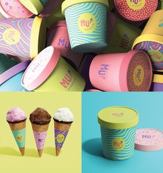 three ice cream cones with different colors and designs on them, one is pink the other is blue