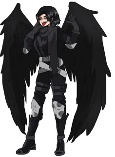 an anime character dressed in black with large, black wings on her chest and arms outstretched