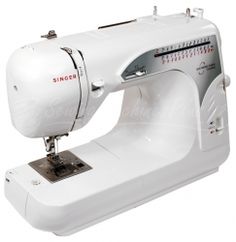 the singer sewing machine is white and has red lettering on it's front end