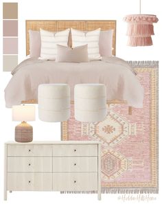 a bedroom with pink and white decor, including a bed, dresser, lamps, rugs and other items