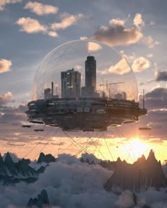 a futuristic city floating in the sky above clouds