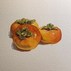 two oranges with green leaves on them are shown in this watercolor painting style