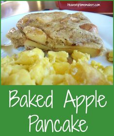 baked apple pancake on a plate with the words baked apple pancake above it