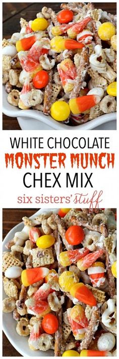 white chocolate monster munch chex mix with candy corn