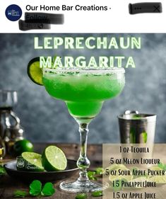 a green drink with limes on the side and an ad for leprechaun margarita