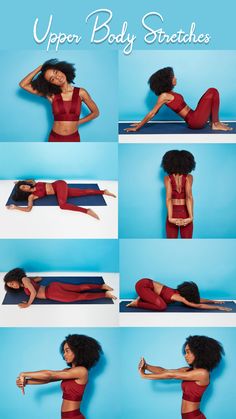 a woman in red is doing yoga poses on a blue background with the words upper body stretches