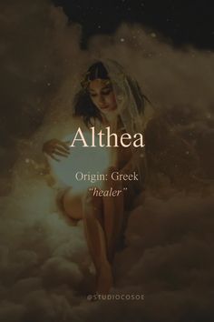 a woman sitting on top of clouds with the words,'atheia origin greek theater