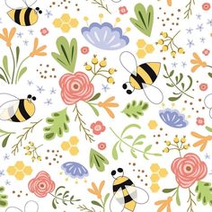 bees and flowers on a white background with blue, pink, yellow and green leaves